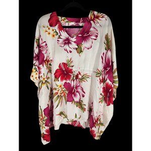 Womens Plus Kimono Top Pink Hibiscus Print Resort Beach Comfort 1X